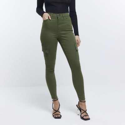 Khaki high waisted cargo skinny jeans River Island