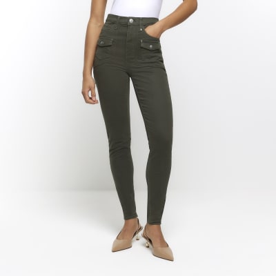 Khaki high waisted skinny cargo jeans