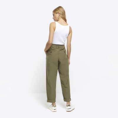 Khaki High Waisted Tapered Trousers