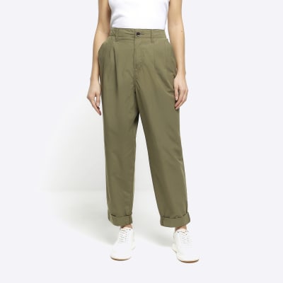 Khaki High Waisted Tapered Trousers