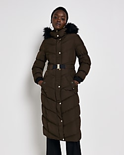 Khaki hooded longline puffer coat