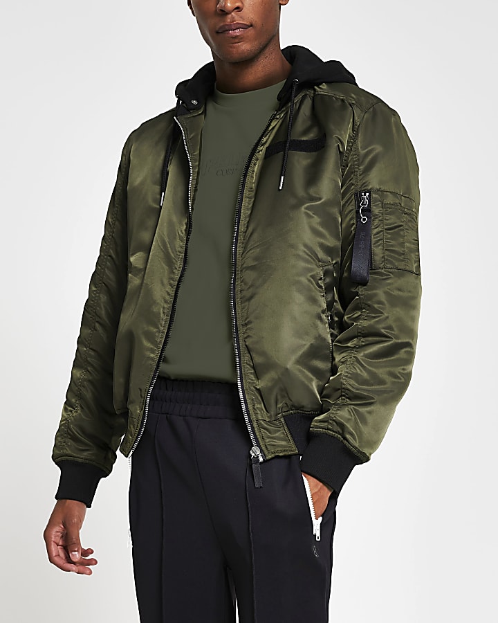 Khaki hooded MA1 bomber jacket