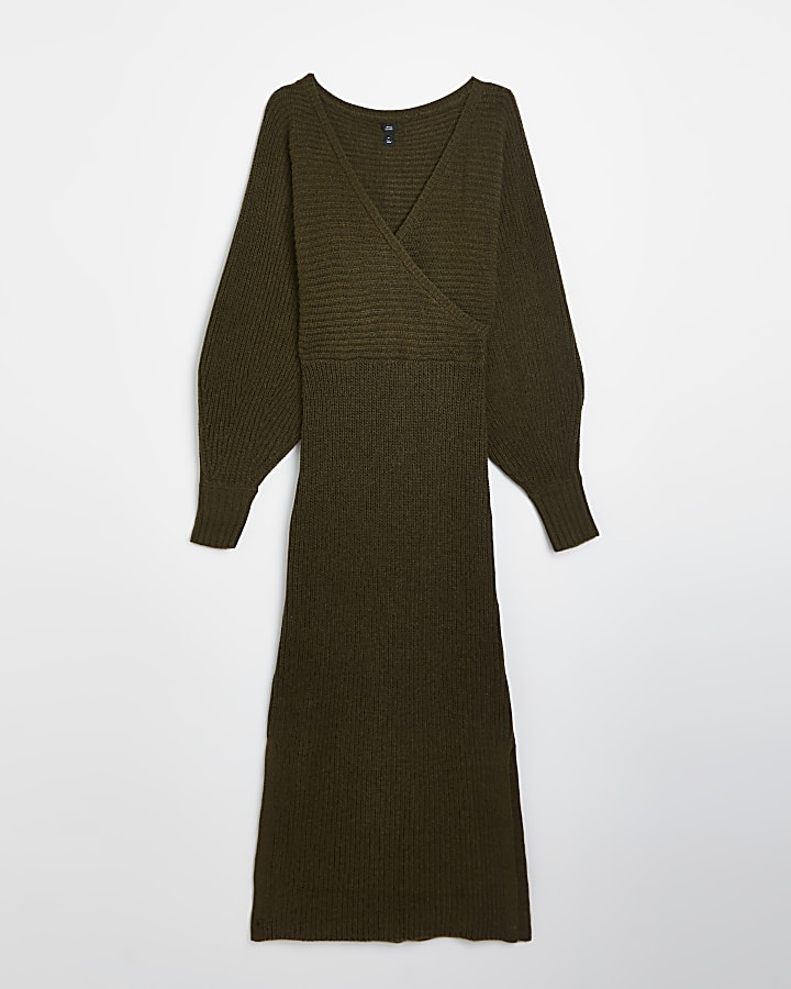 Khaki knit long sleeve wrap midi dress