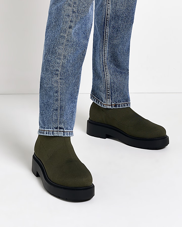 Khaki knitted chunky ankle boots