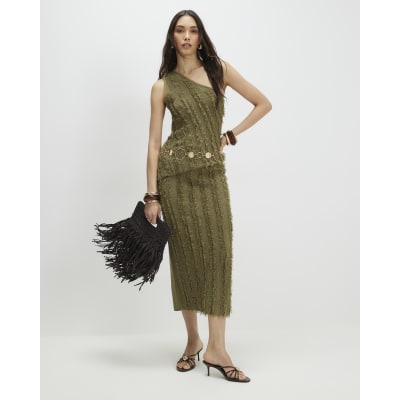 Khaki Knitted Fringed Midi Skirt
