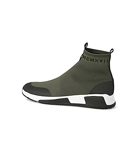 360 degree animation of product Khaki knitted runner sock high top trainers frame-4