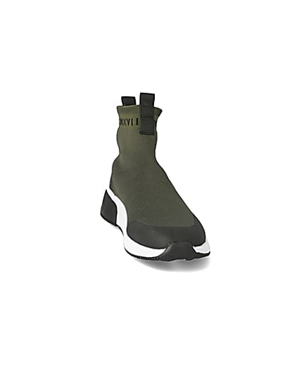 360 degree animation of product Khaki knitted runner sock high top trainers frame-20