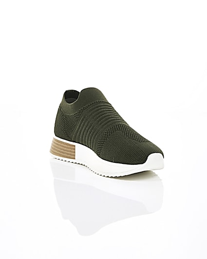 360 degree animation of product Khaki knitted runner trainers frame-6