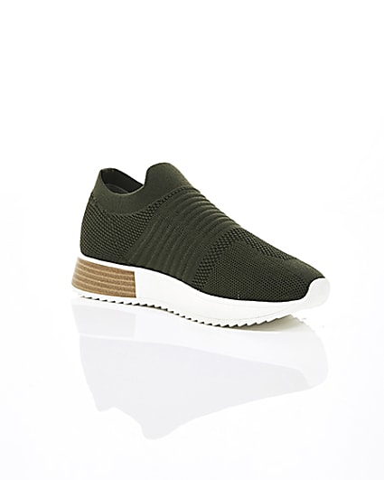 360 degree animation of product Khaki knitted runner trainers frame-7
