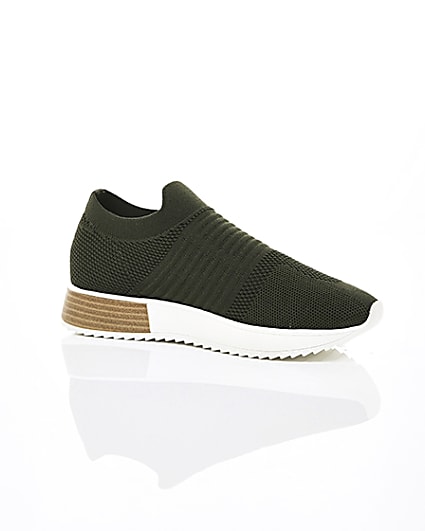 360 degree animation of product Khaki knitted runner trainers frame-8
