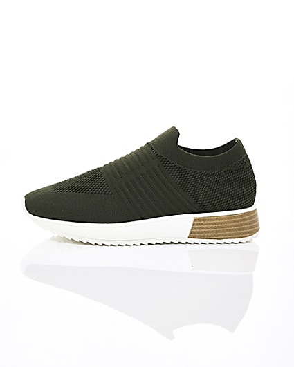 360 degree animation of product Khaki knitted runner trainers frame-22