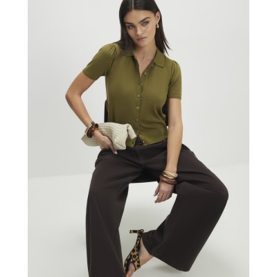 Khaki Knitted Short Sleeve Polo Cardigan