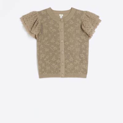 Khaki lace frill sleeve blouse | River Island