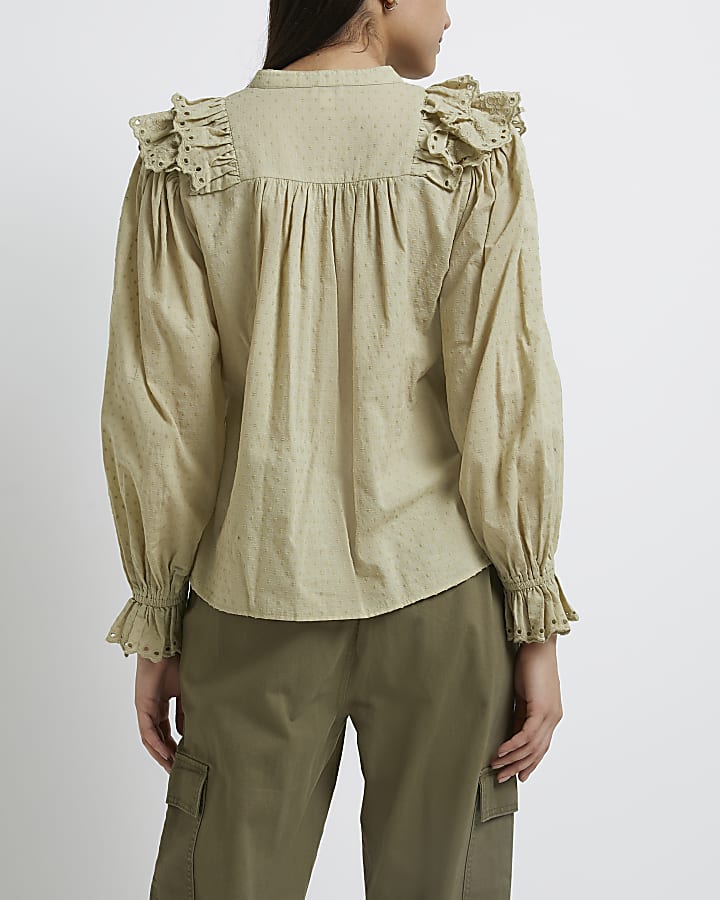 Khaki lace ruffled blouse