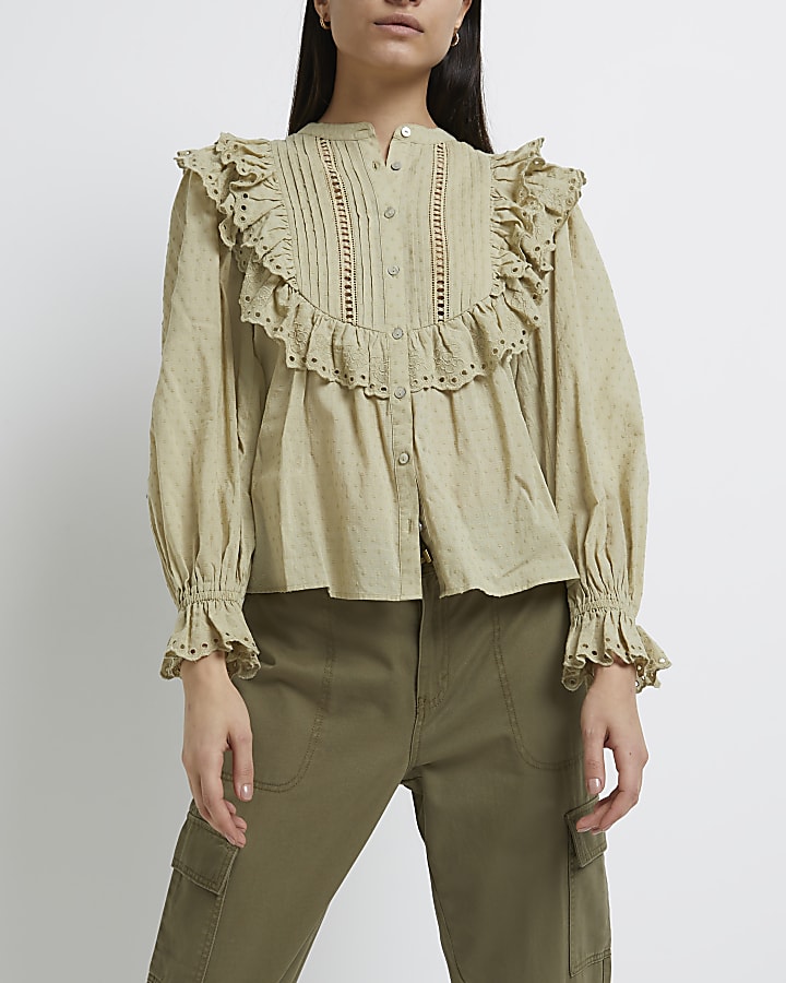 Khaki lace ruffled blouse