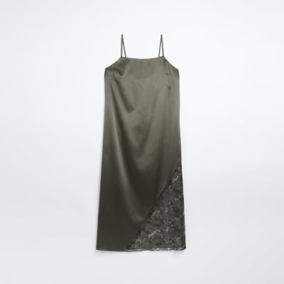 Khaki lace slip midi dress River Island