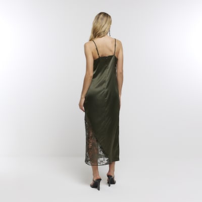 Khaki lace slip midi dress River Island