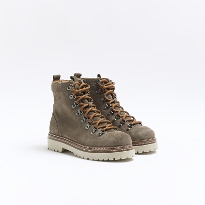 Khaki leather hiker boots | River Island