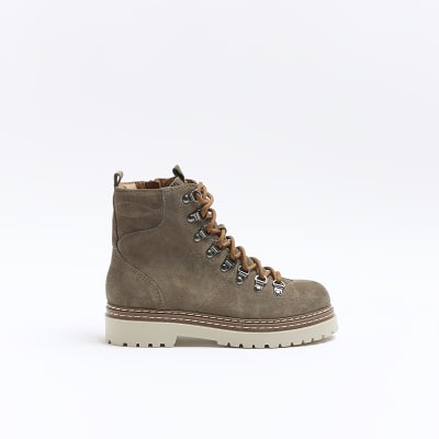 Khaki leather hiker boots | River Island