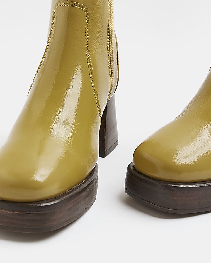 Khaki leather platform ankle boots