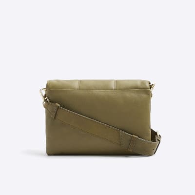 Khaki leather quilted cross body bag River Island