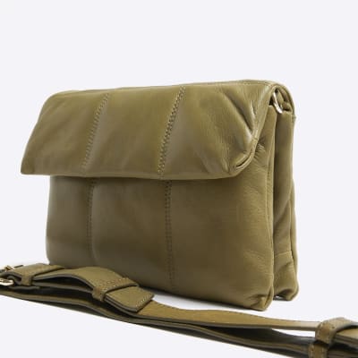 Khaki leather quilted cross body bag River Island