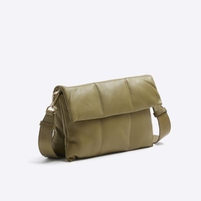 Khaki leather quilted cross body bag River Island