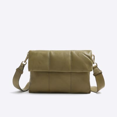Khaki leather quilted cross body bag River Island