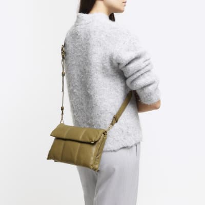 Khaki leather quilted cross body bag River Island