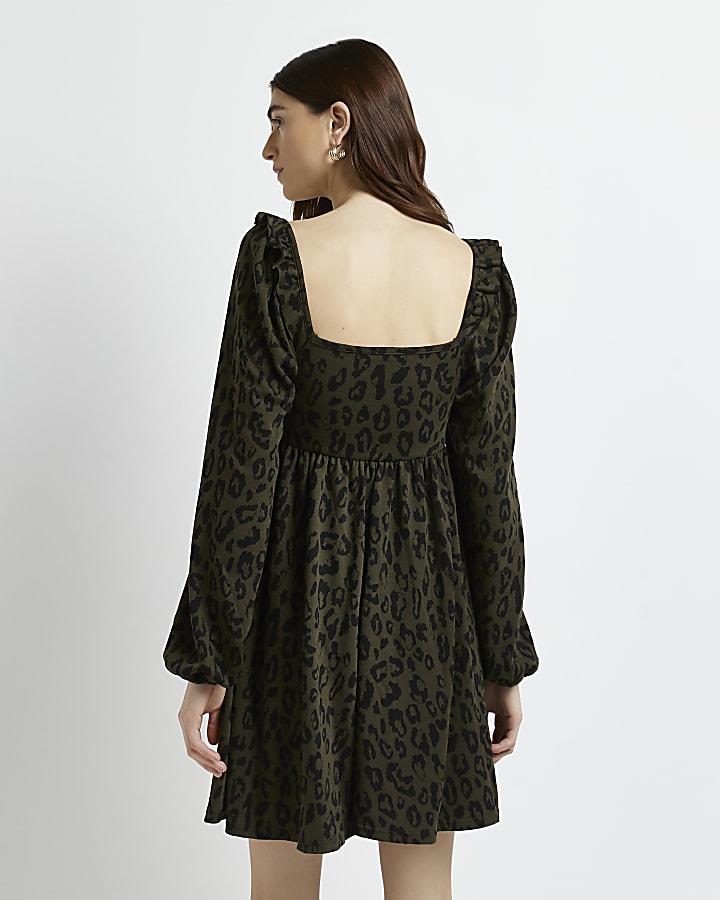 Khaki leopard print jacquard mini dress