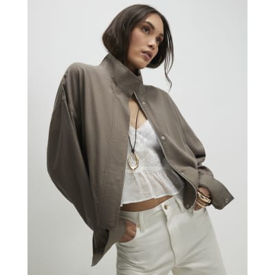 River Island Khaki Linen Blend Funnel Neck Jacket