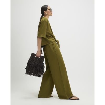 Khaki Linen Blend Wide Leg Trousers