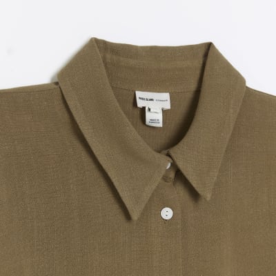 Khaki linen boyfriend shirt River Island
