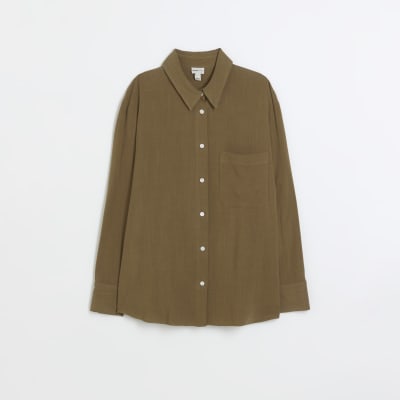 Khaki linen boyfriend shirt River Island