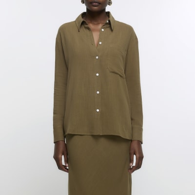 Khaki linen boyfriend shirt River Island