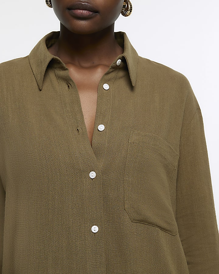 Khaki linen oversized shirt | River Island