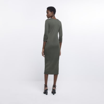Khaki long sleeve bodycon midi dress