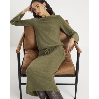Khaki Long Sleeve Bubble Hem Cosy Ribbed Top