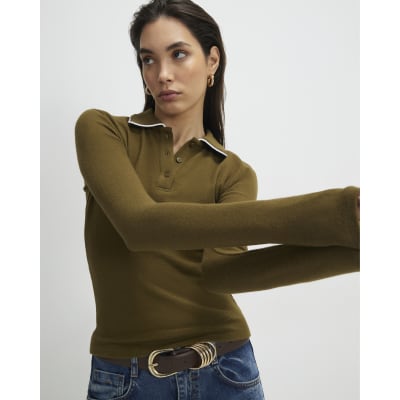 Khaki Long Sleeve Cosy Tipped Polo Shirt