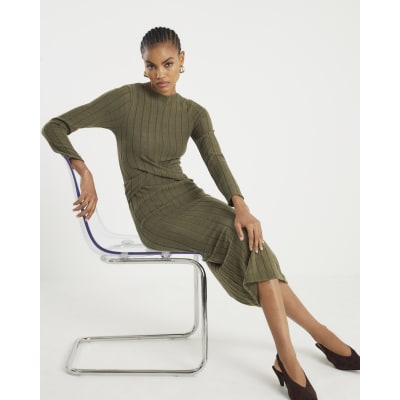 Khaki Long Sleeve Cosy Twist Front Midi Dress