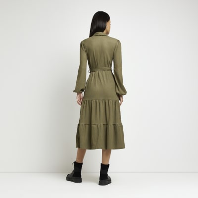 Khaki long sleeve midi shirt dress