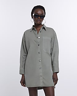 Khaki long sleeve mini shirt dress