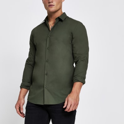 Khaki long sleeve muscle fit shirt River Island