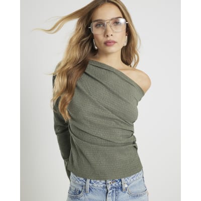 Khaki Long Sleeve Pleated Off Shoulder Top
