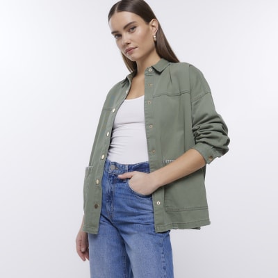 Khaki long sleeve shacket | River Island