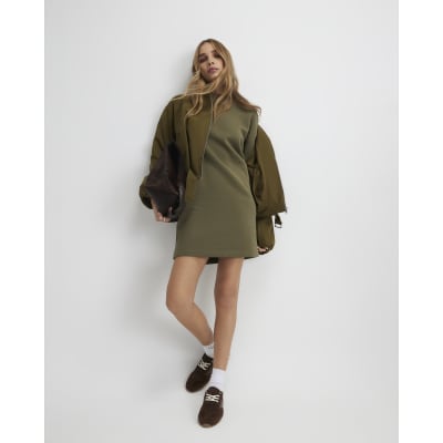 Khaki Long Sleeve Sweatshirt Dress