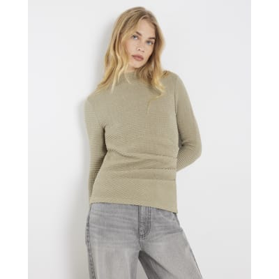 Khaki Long Sleeve Waffle Textured Drape Top