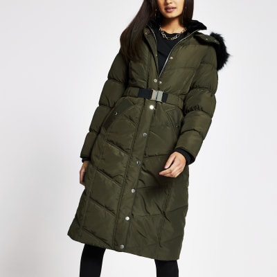 Khaki longline belted puffer coat River Island