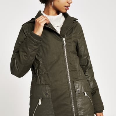 Khaki Longline Faux Fur Parka Coat River Island