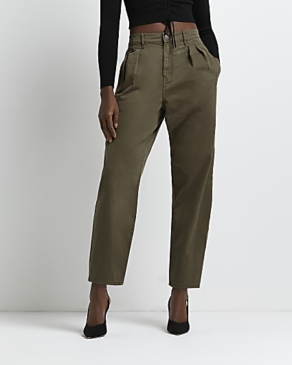 Khaki mid rise tapered trousers